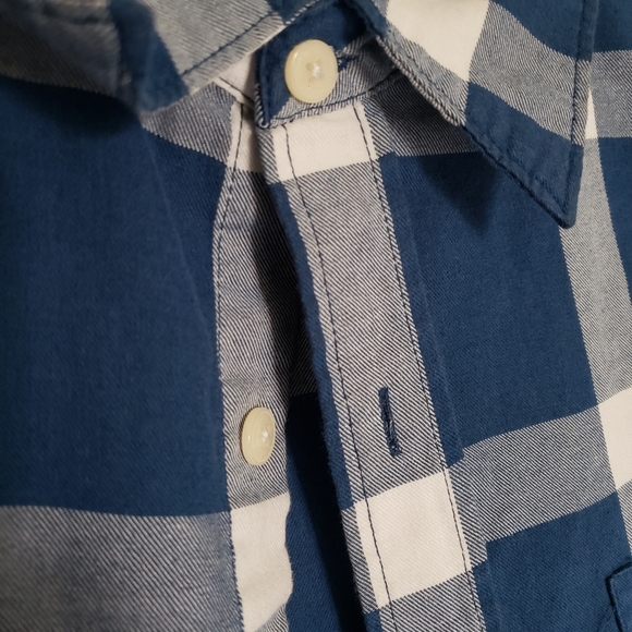 Men's Dickies Button Up Collared Short Sleeve Blue & White Plaid Shirt - Picture 4 of 6
